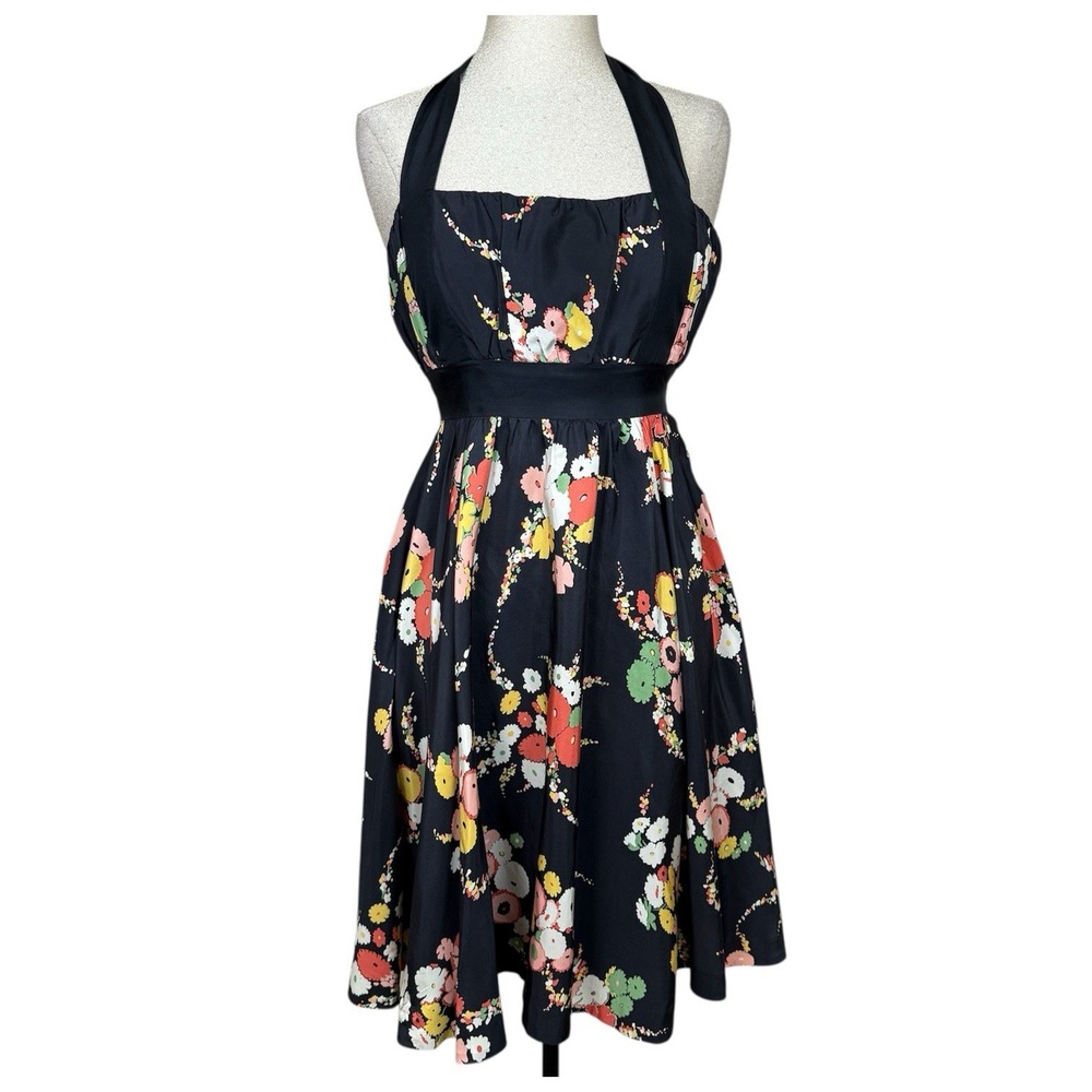 Anthropologie Moulinette Soeurs Dress Womens 2 Black Floral Halter‎ 100% Silk
